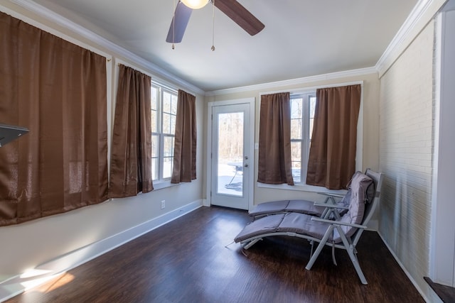 living area with crown molding, ceiling fan, and dark wood-type flooring