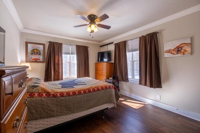 bedroom featuring ornamental molding, ceiling fan, and dark hardwood / wood-style flooring