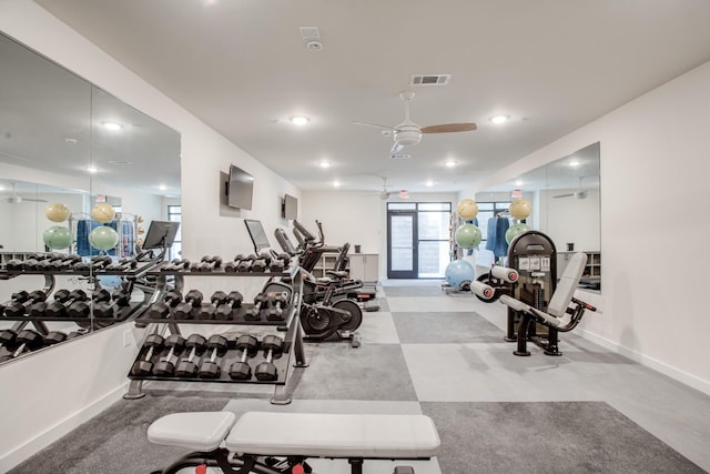 workout area with ceiling fan