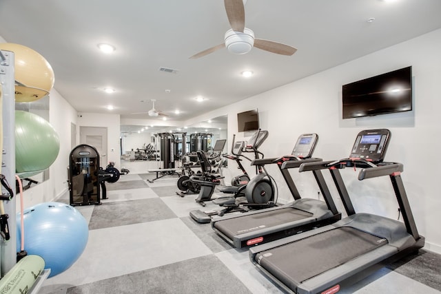 exercise room featuring ceiling fan