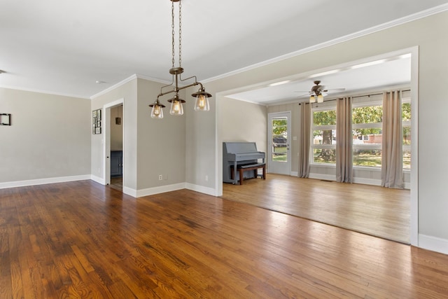 unfurnished living room with crown molding, ceiling fan, and hardwood / wood-style floors