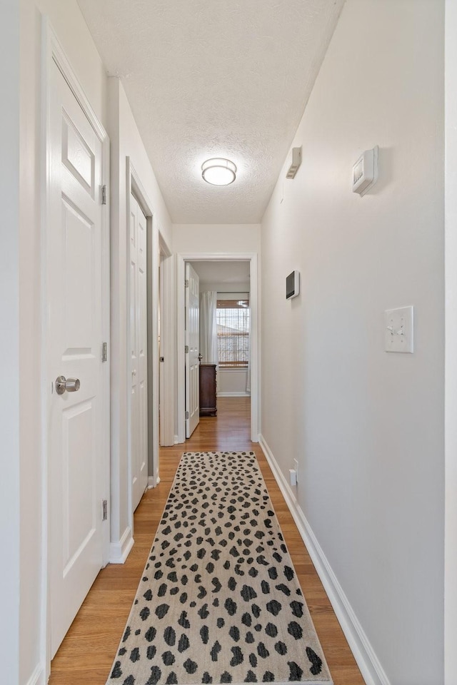 corridor featuring wood-type flooring and a textured ceiling