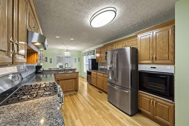 kitchen with sink, light wood-type flooring, appliances with stainless steel finishes, kitchen peninsula, and exhaust hood