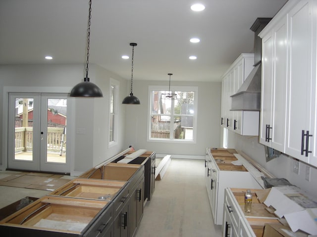 kitchen with white cabinetry, decorative light fixtures, gray cabinets, and french doors