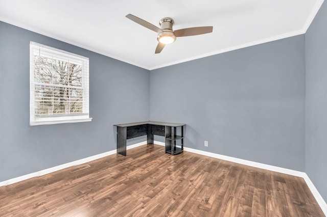 unfurnished room with wood-type flooring, ceiling fan, and crown molding