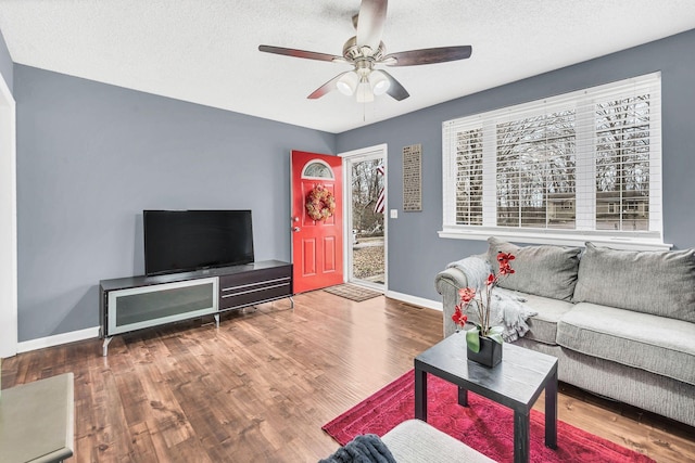 living room with ceiling fan, plenty of natural light, hardwood / wood-style floors, and a textured ceiling