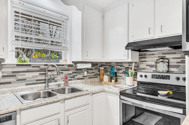 kitchen with stainless steel electric stove, tasteful backsplash, dishwasher, sink, and white cabinets