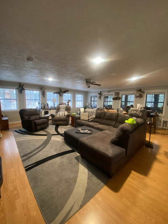 living room featuring hardwood / wood-style flooring and ceiling fan