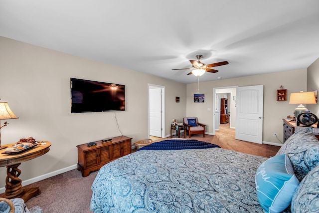 bedroom with light carpet and ceiling fan