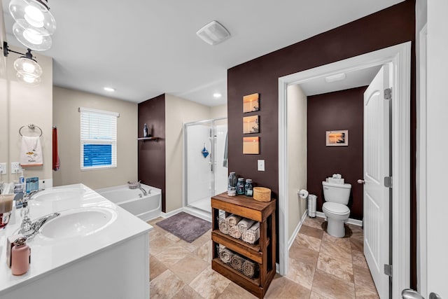 full bathroom with sink, toilet, and separate shower and tub