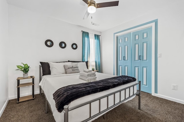 bedroom featuring ceiling fan, dark carpet, and a closet