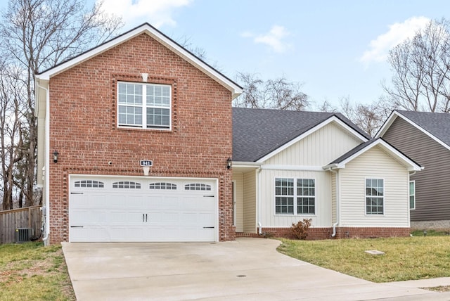 front facade with a garage, central AC unit, and a front lawn