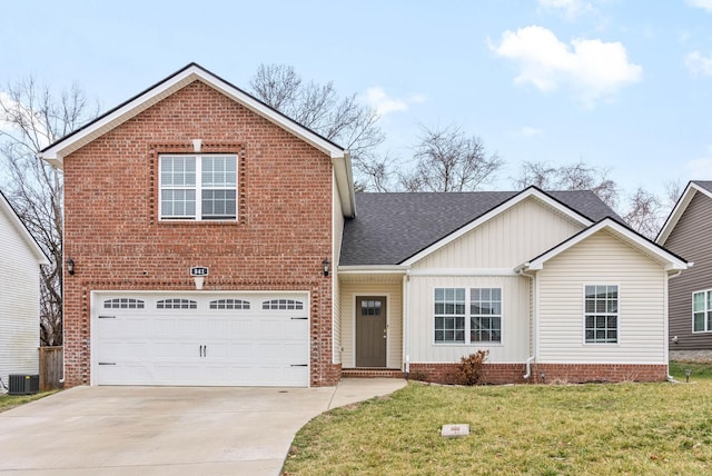 front of property featuring a garage, central AC unit, and a front lawn