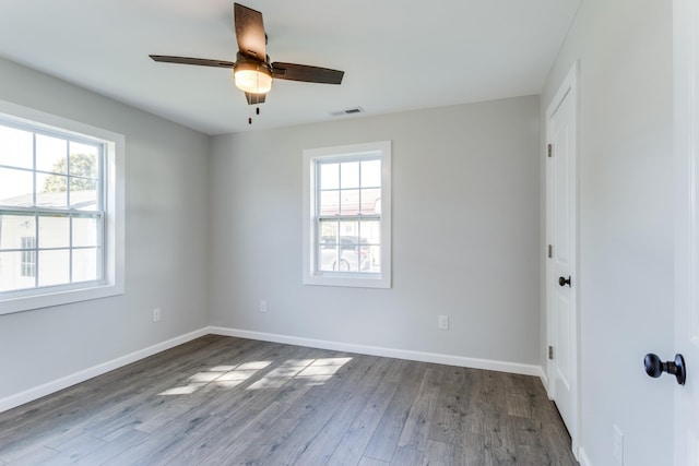 unfurnished room featuring ceiling fan, a wealth of natural light, and wood-type flooring