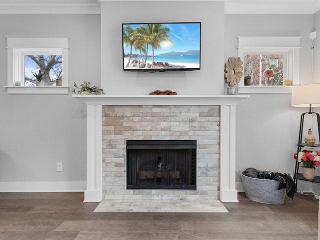 interior details with crown molding, hardwood / wood-style floors, and a fireplace