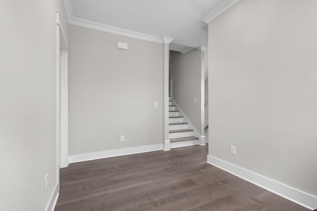 spare room with ornamental molding and dark wood-type flooring