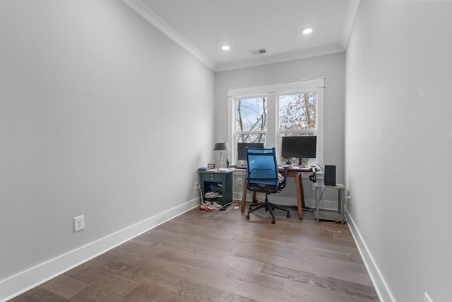 office space featuring crown molding and hardwood / wood-style flooring