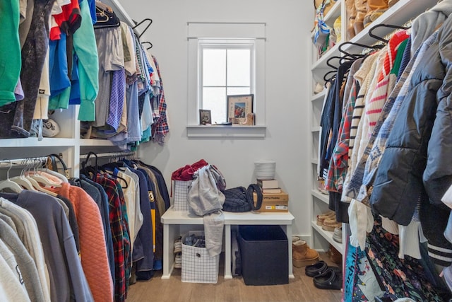 walk in closet with light hardwood / wood-style flooring