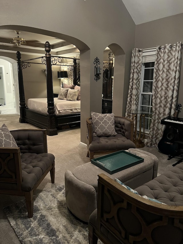 living room featuring vaulted ceiling and carpet