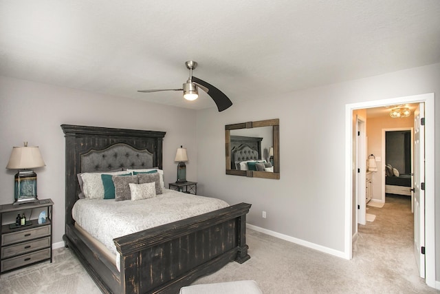bedroom with carpet, a ceiling fan, and baseboards