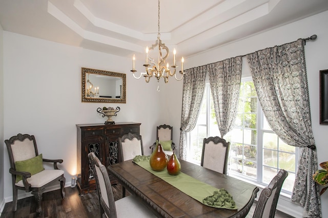 dining room featuring wood finished floors, a chandelier, a tray ceiling, and baseboards
