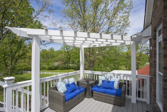 wooden deck featuring a pergola, a yard, and outdoor lounge area