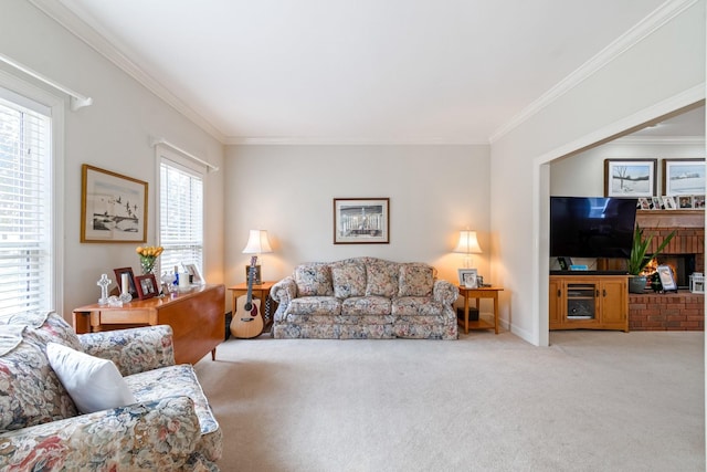 living room with carpet floors and ornamental molding