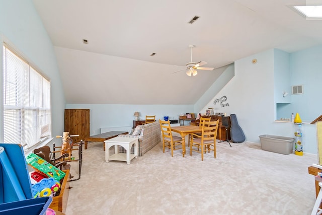 recreation room featuring carpet floors, lofted ceiling, and ceiling fan