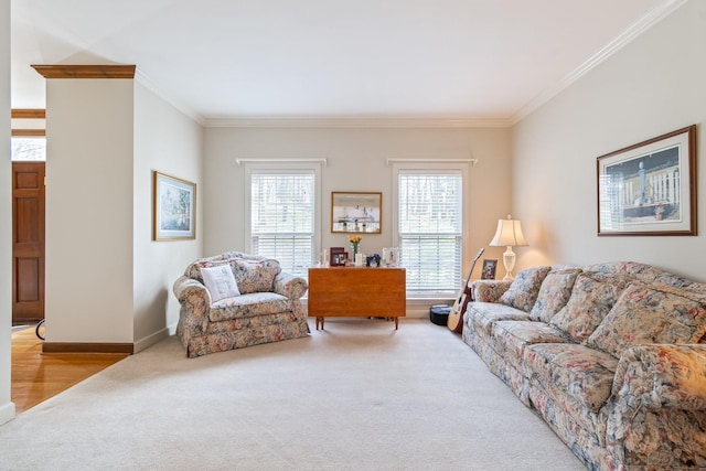 carpeted living room featuring ornamental molding