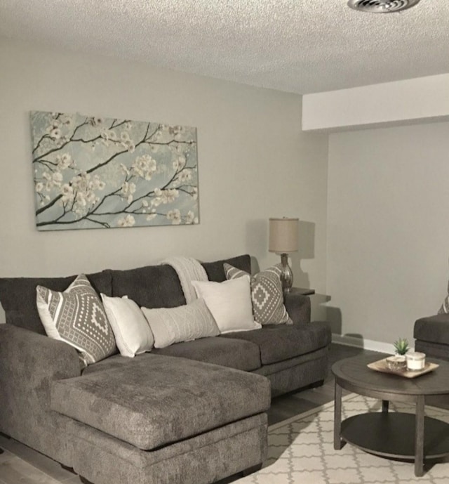 living room featuring a textured ceiling and light hardwood / wood-style floors