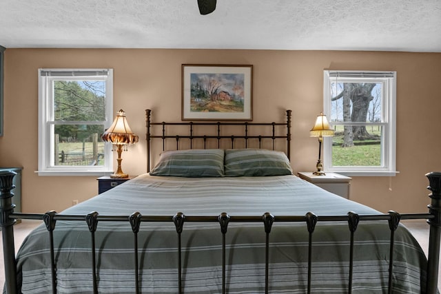 bedroom with multiple windows and a textured ceiling