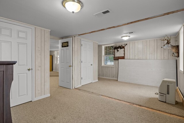 basement with carpet and wood walls