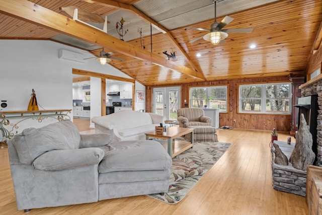 living room with a stone fireplace, vaulted ceiling with beams, light hardwood / wood-style flooring, wooden ceiling, and ceiling fan