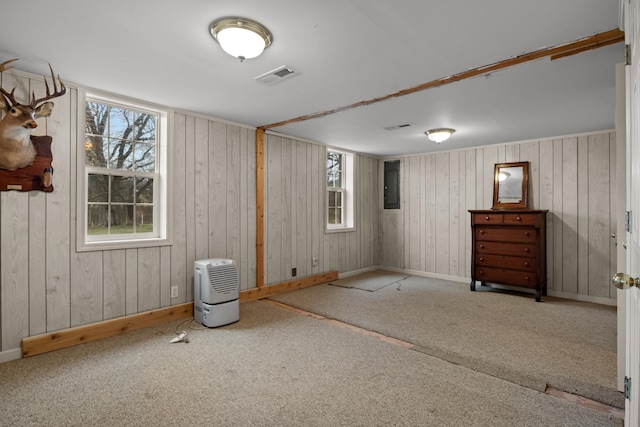 interior space with carpet floors and electric panel