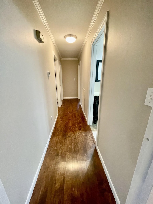 corridor featuring crown molding and dark hardwood / wood-style floors