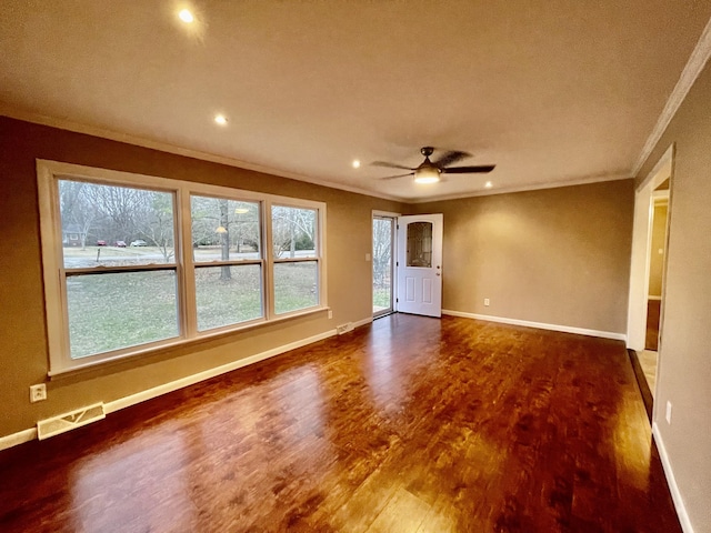 unfurnished room featuring crown molding, ceiling fan, and wood-type flooring