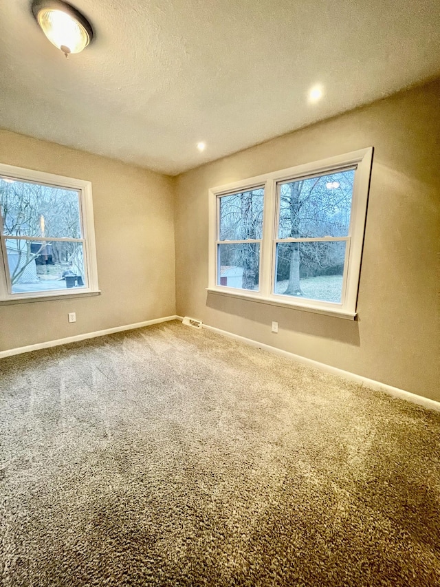 empty room with carpet floors and a textured ceiling