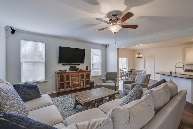 living room with sink, ceiling fan with notable chandelier, dark wood-type flooring, and ornamental molding