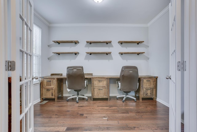 office area with crown molding and dark wood-type flooring