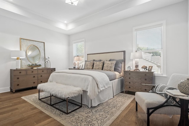 bedroom with dark hardwood / wood-style floors and a raised ceiling