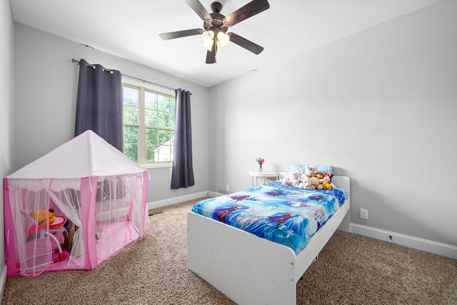 bedroom featuring carpet floors and ceiling fan