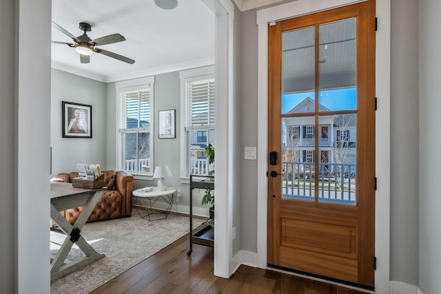 doorway featuring dark hardwood / wood-style flooring, ornamental molding, and ceiling fan