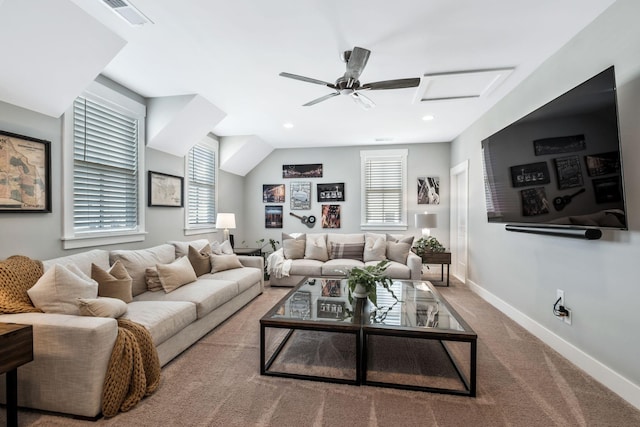 living room with carpet floors and ceiling fan