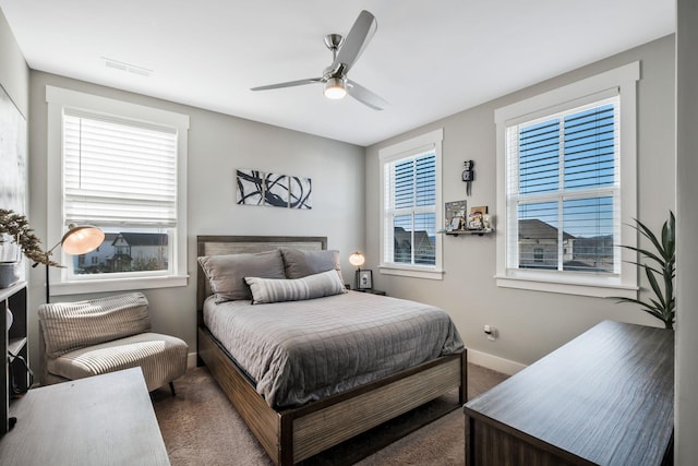 bedroom with ceiling fan and carpet flooring