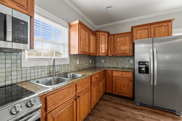 kitchen with sink, appliances with stainless steel finishes, tasteful backsplash, ornamental molding, and dark hardwood / wood-style flooring