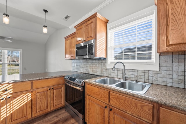 kitchen featuring vaulted ceiling, sink, hanging light fixtures, kitchen peninsula, and stainless steel appliances