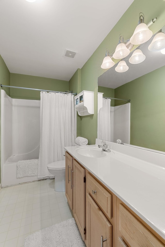 full bathroom with vanity, shower / bath combination with curtain, and toilet