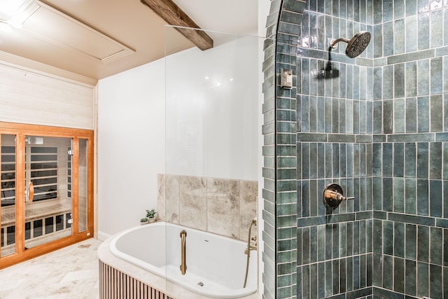 bathroom featuring beam ceiling and separate shower and tub