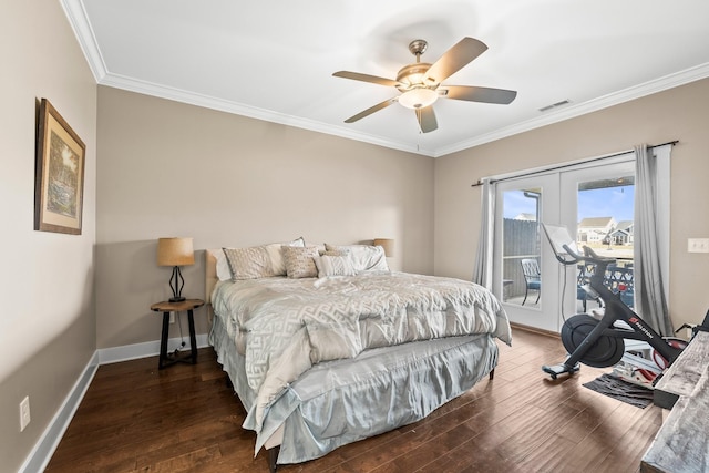 bedroom with ceiling fan, access to exterior, dark hardwood / wood-style floors, ornamental molding, and french doors