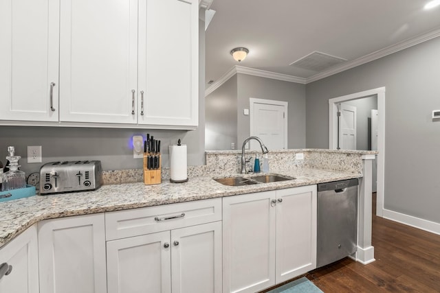 kitchen featuring sink, white cabinetry, crown molding, light stone counters, and stainless steel dishwasher